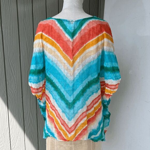 Chico’s Linen Poncho Top S/M OS Chevron Teal Coral Beachy Oversized Flowy - Picture 2 of 8